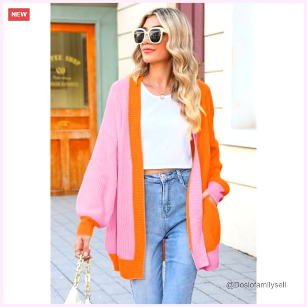 Oversized Ribbed Knit Cardigan with Batwing Sleeves and Pockets - Picture 2 of 7